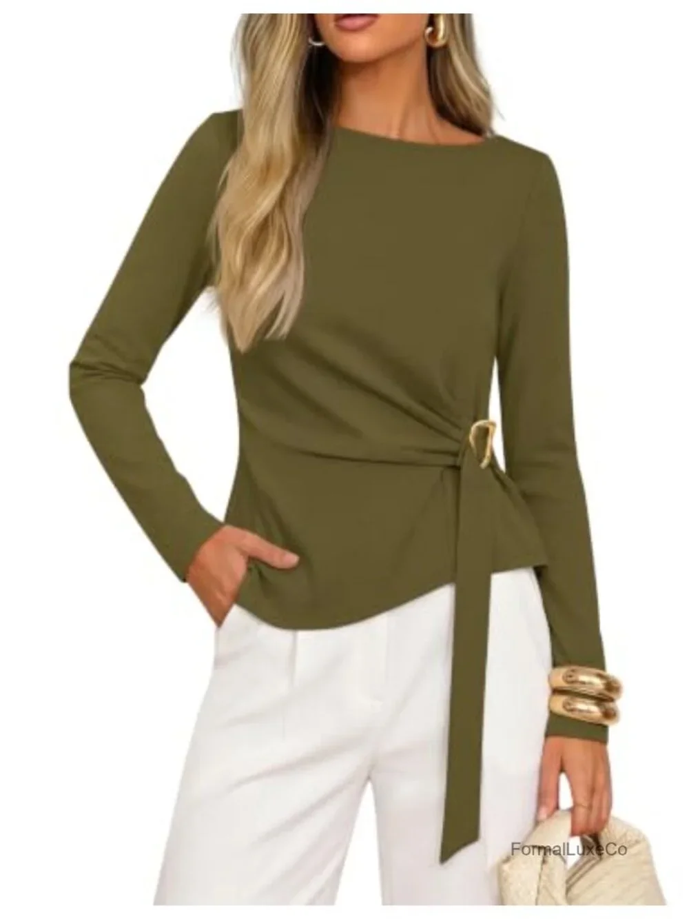 Women's Long Sleeve Boat Neck Blouse Ruched Waist Tie Front Office Top